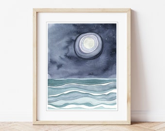 Ocean Watercolor Painting - Archival Print, Moon Ocean Print, Kids Room, Stars Blue White Wall Art, 8x10 11x14 Print - Moon Over The Sea