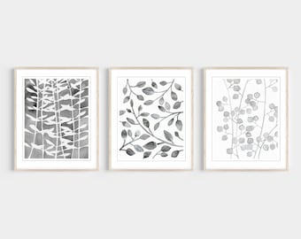 Set of Three Prints - Gray White Leaf Pattern - Botanical Watercolor Wall Art - Modern Rustic Nature Art