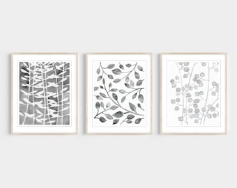 Gray Botanical Wall Art Prints, Set of 3 Prints, Gray White Leaves Pattern Art Prints, Watercolor Prints, Triptych Nature Wall Art 8x10 5x7