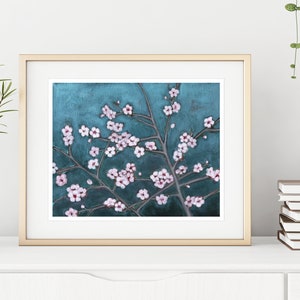 Plum Blossoms Print, Flower Painting, Archival Print, Botanical Print, Floral Wall Art, Spring Flowers, Plum Branches on Blue image 2