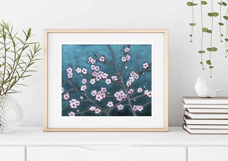 Plum Blossoms Print, Flower Painting, Archival Print, Botanical Print, Floral Wall Art, Spring Flowers, Plum Branches on Blue image 2