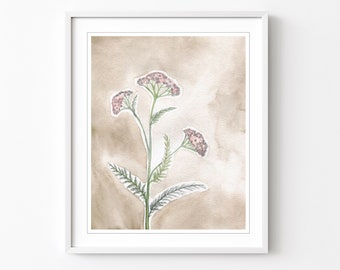 Yarrow Illustration - Watercolor Painting, Archival Print, Yarrow Wall Art, Beige Pink, Nature Print, Wildflower Art 8x10 11x14 Print