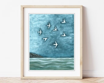 Ocean Painting - Sea Birds, Coastal Wall Art, Archival Print, Aqua Turquoise Ocean Print // White Sea Birds