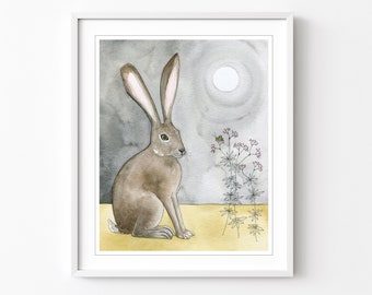 Hare and Cricket Watercolor Art Print: Rabbit Moon Night, Nature Wall Decor