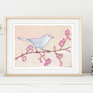 Blue Bird illustration Colored Pencil Art, Bird Drawing, Pink Blue, Nursery Room Art 5x7 8x12 print 'Visiting a Cherry Tree' image 5