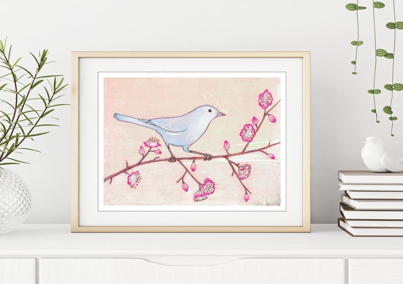 Blue Bird illustration Colored Pencil Art, Bird Drawing, Pink Blue, Nursery Room Art 5x7 8x12 print 'Visiting a Cherry Tree' image 5