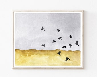 Autumn Landscape Crows - Watercolor Painting, Landscape Art, Flock of Birds, Archival Print, Nature Bird Watercolor Art, Gray Mustard Yellow