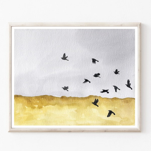 Autumn Crows Watercolor Painting / Birds Landscape Art Print