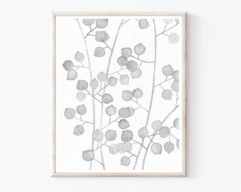 Pale Gray Botanical Print Leaves Art Print, Fine Art Watercolor Print, 8x10 11x14 Print - Plant Pattern Three