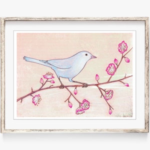 Blue Bird illustration Colored Pencil Art, Bird Drawing, Pink Blue, Nursery Room Art 5x7 8x12 print 'Visiting a Cherry Tree' image 2