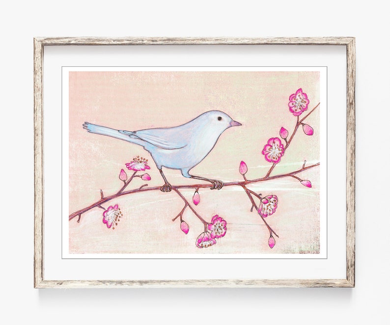 Blue Bird illustration Colored Pencil Art, Bird Drawing, Pink Blue, Nursery Room Art 5x7 8x12 print 'Visiting a Cherry Tree' image 2