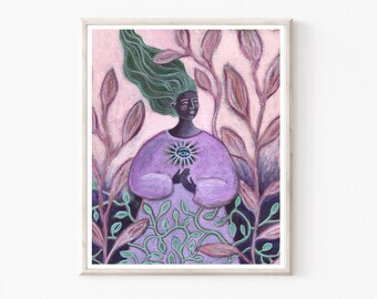 Nature Spirit Goddess Heart Purple Pink Green Wall Art Original Painting Archival Print 8x10 16x20 Print