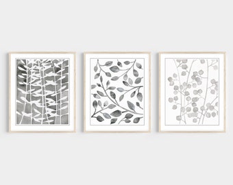 Gray Botanical Wall Art Prints, Set of 3 Prints, Gray White Leaves Pattern Art Prints, Watercolor Prints, Triptych Nature Wall Art 8x10 5x7