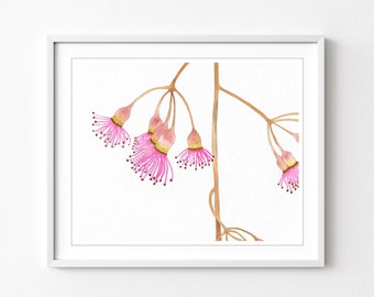 Eucalyptus Flowers Print, Watercolor Painting, Archival Print, Pink Flowers, Botanical Illustration, Floral Nature Wall Art