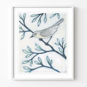 Bird on Branch Print Nature Wall Art, Sage Green Gray Wall Art, Bird Painting Fine Art Print
