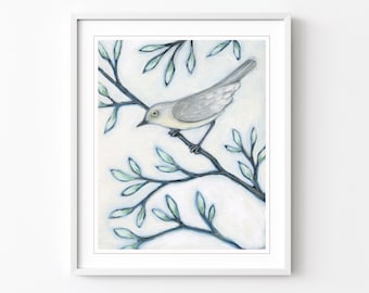 Bird on Branch Print Nature Wall Art, Sage Green Gray Wall Art, Bird Painting Fine Art Print