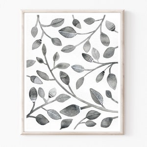 Gray Leaves Botanical Print Black and White Wall Art, Botanical Wall Art, Leaf Pattern, Fine Art Watercolor Print - Monochrome Leaves
