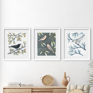 Bird Art Prints Set of 3 Prints, Birds in Branches, Art Prints, Bird Paintings, Triptych Nature Wall Art, 8x10 11x14 Prints image 1