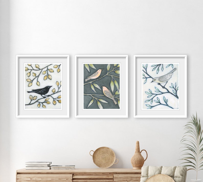 Bird Art Prints Set of 3 Prints, Birds in Branches, Art Prints, Bird Paintings, Triptych Nature Wall Art, 8x10 11x14 Prints image 1