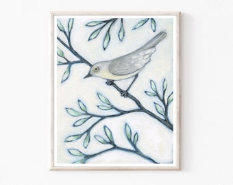 Bird on Branch Print Nature Wall Art, Sage Green Gray Wall Art, Bird Painting Fine Art Print