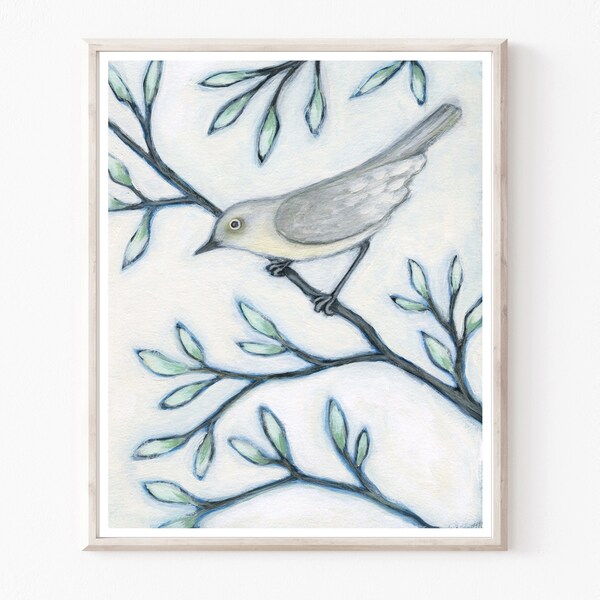 Bird on Branch Print Nature Wall Art, Sage Green Gray Wall Art, Bird Painting Fine Art Print