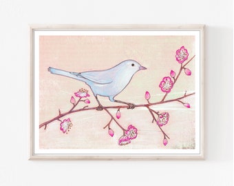 Blue Bird illustration - Colored Pencil Art, Bird Drawing, Pink Blue, Nursery Room Art 5x7 8x12 print 'Visiting a Cherry Tree'