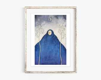 High Priestess Tarot Fine Art Print, Tarot Watercolor Print - Mara Lunne Tarot