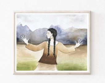 Watercolor Painting, Woman in Nature, Figurative Painting, Nature Wall Art, Archival Print, Earthy Brown Gray Wall Art