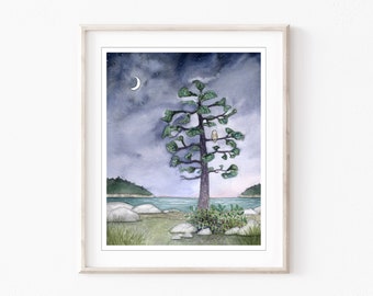 Owl Tree Night Print - Moon Stars, Fine Art Print from Original Watercolor Painting, Landscape Nature Ocean Print