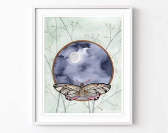 Moth Night Moon Painting, Archival Print, Crescent Moon, Night Sky, Fine Art Watercolor Print 8x10 11x14 Print - Night Moth