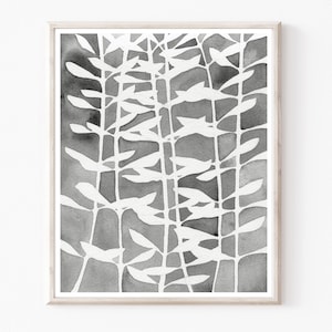 Leaf Pattern Art Print - Botanical Print, Gray Nature Wall Art, Archival Print, Watercolor Painting, 8x10 11x14 Print - Plant Pattern Two