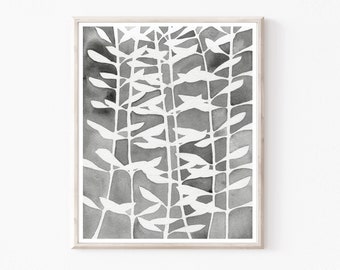 Leaf Pattern Art Print - Botanical Print, Gray Nature Wall Art, Archival Print, Watercolor Painting, 8x10 11x14 Print - Plant Pattern Two