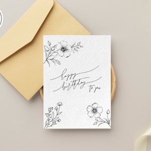 Cartão floral de feliz aniversário - Download DIGITAL - Cartão de aniversário para impressão - Cartão de aniversário de flores silvestres para impressão - Cartão de felicitações para impressão