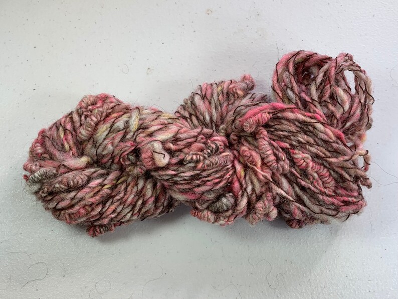 Handspun Art Yarn With Knots Saori Weaving Pink Taupe Brown Kid Mohair Merino 19-2-28
