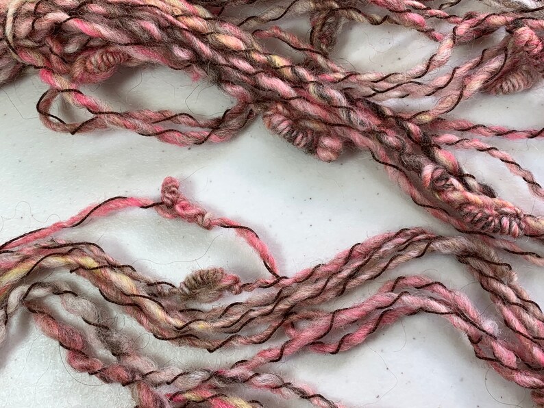 Handspun Art Yarn With Knots Saori Weaving Pink Taupe Brown Kid Mohair Merino 19-2-28