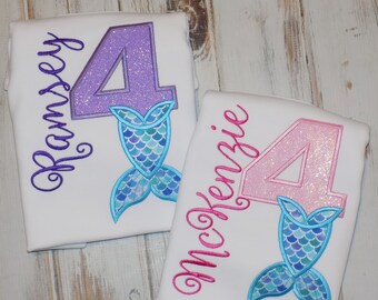 Mermaid Tail Birthday Shirt, Under the Sea tee, Beach theme top for girls, Custom Embroidered Ages 1st to 9th, Sew cute creations