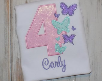 Butterfly Birthday shirt for girls, Custom embroidered Ages 1st to 12th tee