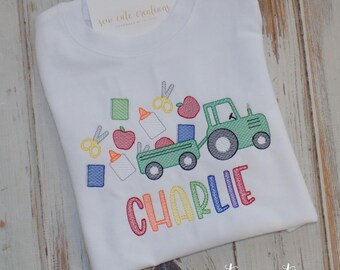 Tractor Back to School Shirt, Kindergarten Preschool Pre K tee Custom Embroidered