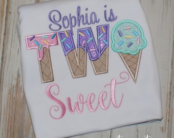 Two Sweet Ice Cream 2nd Birthday Shirt, Custom Embroidered tee for kids