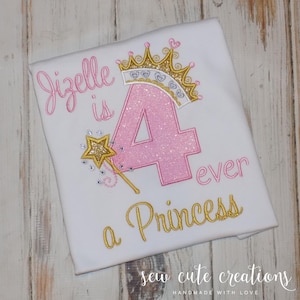 Four ever a Princess 4th Birthday shirt, Glitter Royalty theme party outfit, Girl Fourth custom embroidered tee, Sew cute creations