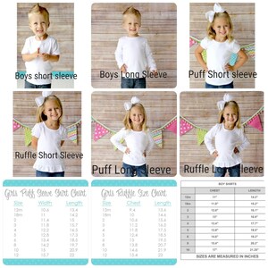 Puede incluir: Una colecci&oacute;n de camisas blancas para ni&ntilde;os en varios estilos, incluyendo manga corta, manga larga, manga abullonada y con volantes, junto con tres tablas de tallas que muestran medidas de pecho y largo en pulgadas para ni&ntilde;os y ni&ntilde;as.