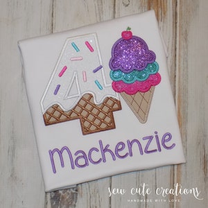 Ice Cream Birthday Shirt for Girls or Boys, Scoops of Fun Party Outfit, Custom Embroidered Tee for 1st to 9th Birthday, Sew Cute Creations
