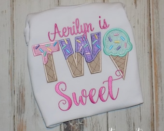 Two Sweet Ice Cream 2nd Birthday Shirt, Custom Embroidered tee