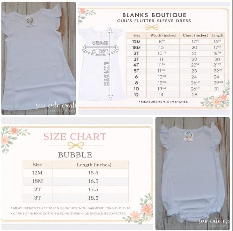 Puede incluir: Un vestido blanco con mangas de volantes y un pelele blanco. La imagen incluye una tabla de tallas para el vestido con medidas en pulgadas para las tallas 12M a 12, y una tabla para el pelele con longitudes en pulgadas de 12M a 3T.