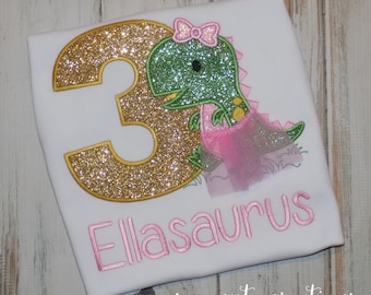 Three Rex T-Rex Girl Dinosaur Tutu Birthday Shirt, Girly Dino Outfit, Stomp Chomp Roar Tee, Custom 1st to 9th Top, Sew cute creations