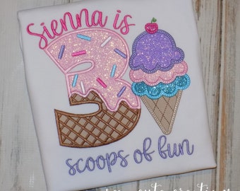 Ice Cream Third Birthday shirt, Three 3 scoops of fun, Three Ice Cream Party, 3rd birthday shirt, Sew Cute Creations