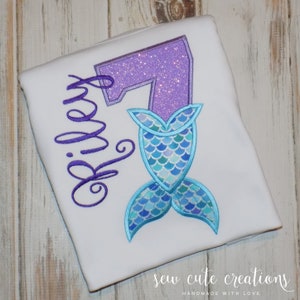 Mermaid Tail Birthday Shirt, Under the sea theme party outfit, Custom Embroidered tee Ages 1st to 9th, Sew cute creations