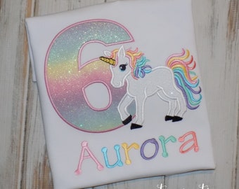 Rainbow Unicorn Birthday Shirt for Girls, Glitter Unicorn Party Outfit, Personalized 1st to 9th Birthday Tee, Sew Cute Creations