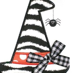 May include: Black and white striped witch hat with a red and white polka dot band and a black and white checkered bow. A black spider hangs from the hat.