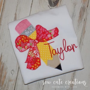 Girls Personalized Back to School Pencil Shirt with Coquette Bow, Monogram First day outfit, Preschool Kindergarten, Sew Cute Creations